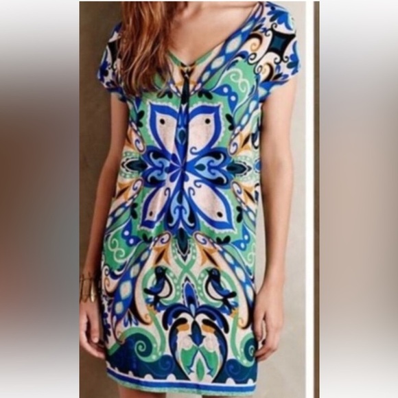 Anthropologie Dresses & Skirts - Maeve Blue and Green Mini Sundress V-Neck Resort Wear
